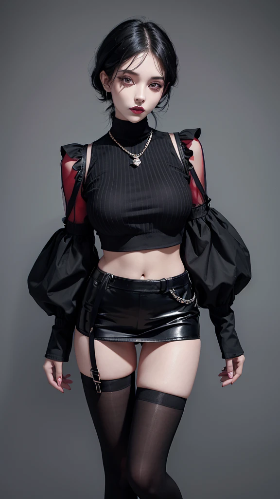 short black hair with a strand of hair covering his right eye a little, piercing in her lip and piercing on the left side of her nose, black lipstick and eyeliner, slightly pale skin, black painted nails, black short blouse black and white striped long sleeves, Bare torso with navel piercing, skirt with black chains above the middle of her legs, black transparent knee-high stockings, high black brooch boots
(High quantity, perfect anatomy, extra detailed, whole body)