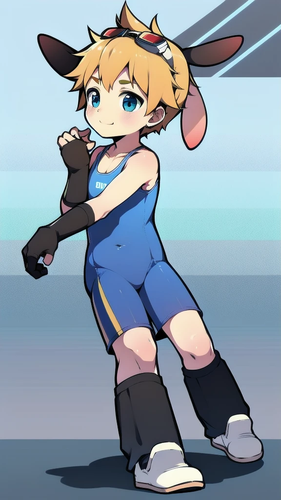 ((A young boy)),(Youthful feeling),One-piece gymnastics suit,Goggles,Fingerless gloves,Cotton socks,Short sleeve,stand up,happy,Rabbit ears,Rabbit Tail