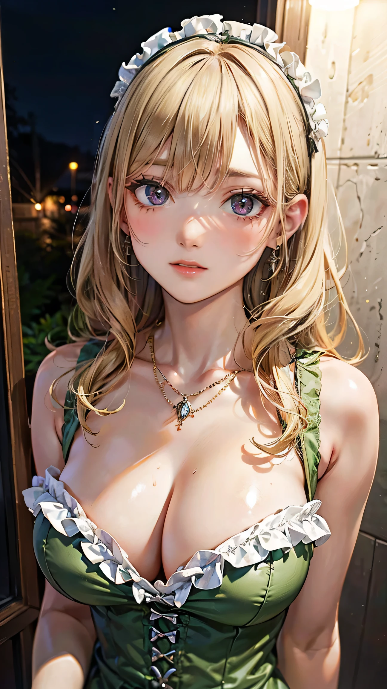 (Super detailed), (hyperRealistic), (RAW Photos), High-definition RAW color photos, Professional photos, (Realistic), (Blonde Hair), Professional Lighting, Perfect Anatomy, (Big Tits), (Detailed face), (smile), Trending Hair&Trending Hairカラーをランダムに, Earrings, necklace, bracelet, Erotic, sexy, (Random sexy gravure poses), (A girl wearing a light green dress in Gothic ta fashion、at night forest, Her dress is open, Exposing the breasts)、masterpiece, 最high quality, high quality, High resolution, sexly,