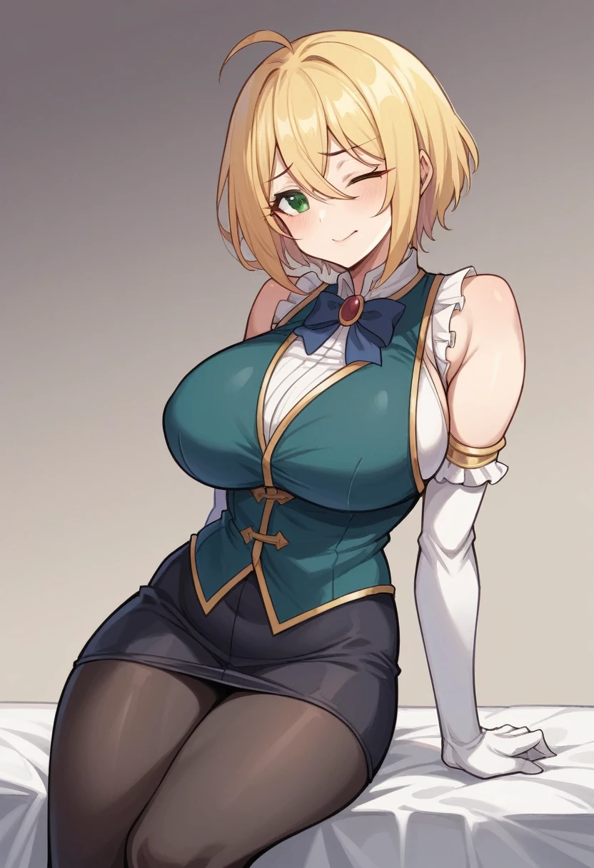 （One girl）、(short hair)、(sidelock)、((Blonde))、Princess Connect、((boyish))、huge breasts、((plump))、(beautiful girl)、[Big thighs]、Green Eyes、(Healer)、Black Vest、black leggings、White sleeveless、[hairs between eyes]、(long gloves)、closed mouth、wink、arm behind back