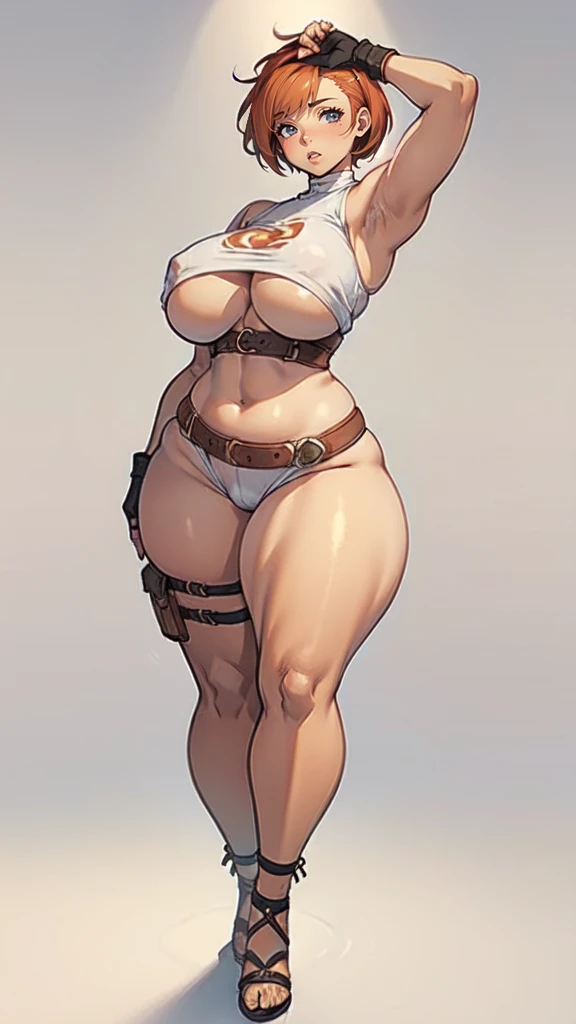 (masterpiece), best quality, female warrior, huge girl, female muscular:1.2, ((very short hair)), ginger hair, big breast, (curvy:1.8), (((blank background))), ((full body)), fingerless gloves, sandals, sleeveless, covered nipples, (underboobs:1.3), tshirt top, shaved hair, (buzzcut hairstyle), white socks