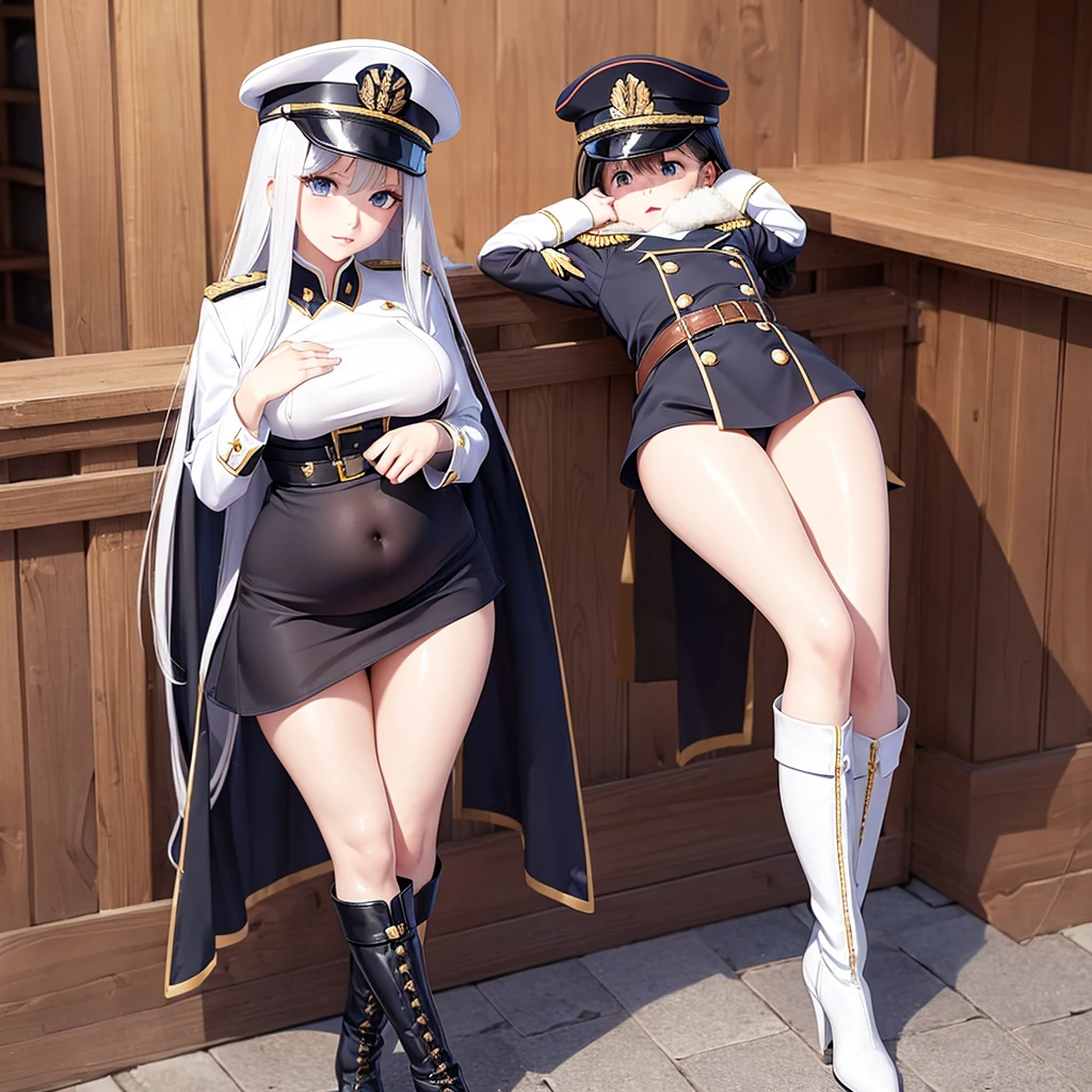 Beauty。Long hair。Beautiful face，big eyes，Double eyelids，Long eyelashes。Perfect body。White and tender skin。Full breasts，Thin waist。Hips，Long legs。military uniform，Plump thighs exposed。Boots。Boat-shaped military cap。Breastfeed the 。