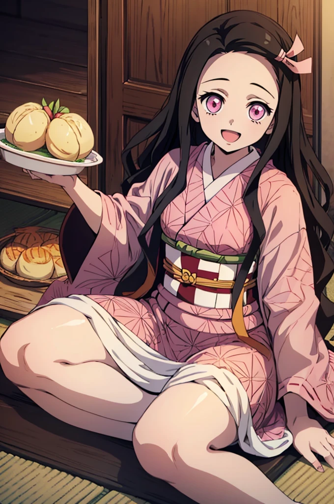 (masterpiece:1.3), (best quality:1.1), (8k, ultra detailed, ultra high res:1.2), ((anime style)), perfect 5 fingers, perfect anatomy,
1girl,
Kamado Nezuko,
BREAK long hair, wavy hair, forehead,
black hair,
pink eyes, empty eyes,
ribbon,
small breasts,
BREAK japanese clothes, pink kimono, brown haori, obi,
smile,
looking at viewer,
BREAK upper body, (eating, cream puff:), sitting, wariza, open mouth,
perfect light, indoor, inside, Japanese-style Room,