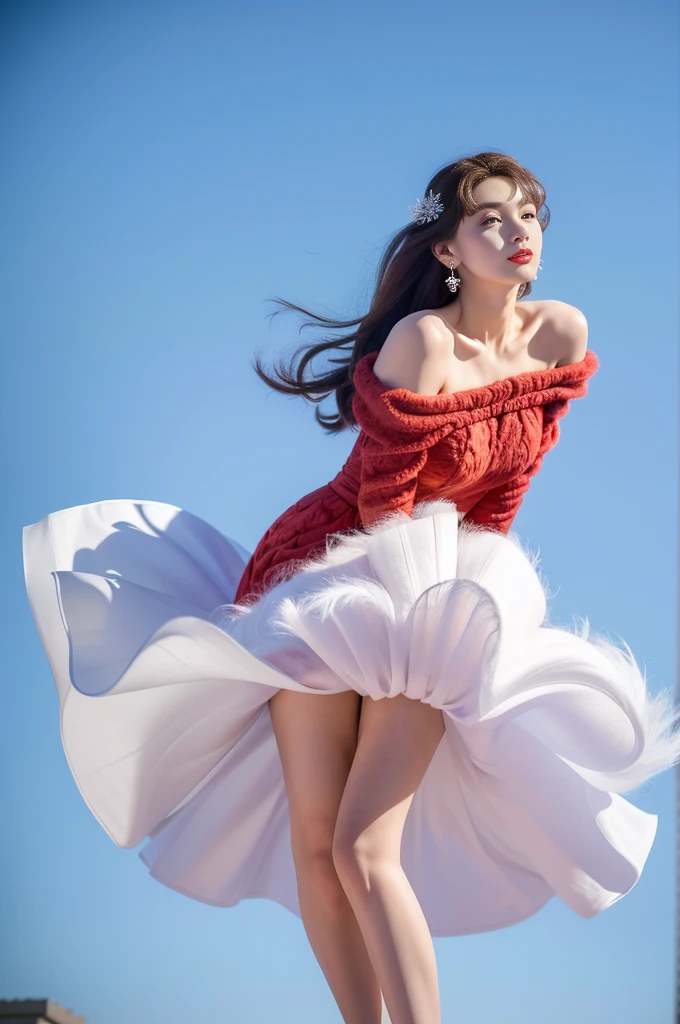 masterpiece、quality、Extremely detailed、Marilyn Tagg ,Full body display, Focus on the thighs and above,Clear face,(Best quality at best), beautiful girl:1.5、(Red fluffy off-shoulder dress style),Long hair flying,Snowflake earrings、Solid blue background