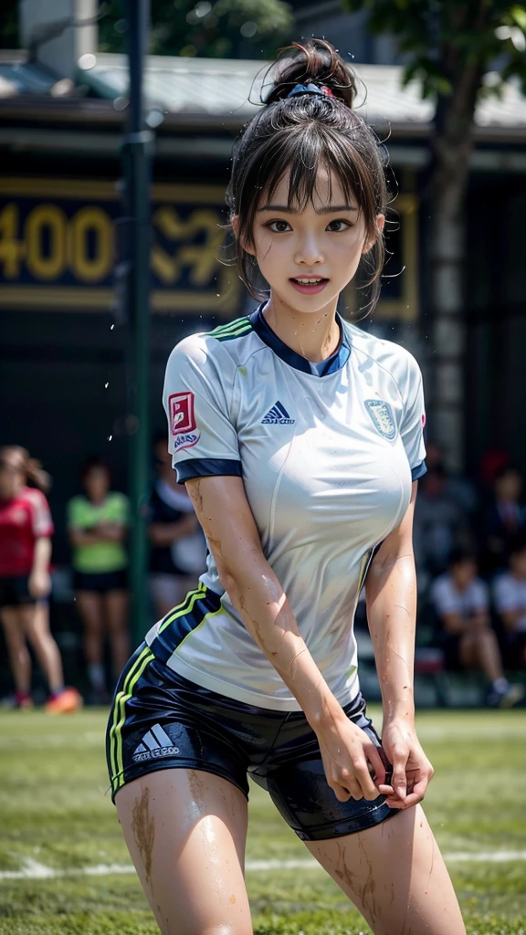 Highest quality, High resolution:1.2, Very detailed, Realistic:1.3, ((Beautiful woman))、((Super tight uniform))、((Super big breasts))、(The abdomen is visible)、Vibrant colors, play soccer,((Blunt bangs))、Various Hair Styles、Different hair colors、With bangs、Wet Hair, concentrate, splash, Action Shots, Grass blotches, Muddy ground, Wet turf, decide, Fast-paced games, Athletic physique, Shiny soccer ball, Wet Uniform, raindrop, Blurred motion, ボールにconcentrateする, Intense competition, Skillful dribbling, Energetic play, Teamwork, powerful shoots, Wet pitch, Passionate sports, Fierce decide, Humid atmosphere, Fluid movement, emotional expression、Dramatic lighting, Women's Sports, Avid athletes, Exciting Games, Endure, Excited state, Speed and agility, Energetic play, 濡れたsplash、smile、Red Uniform
