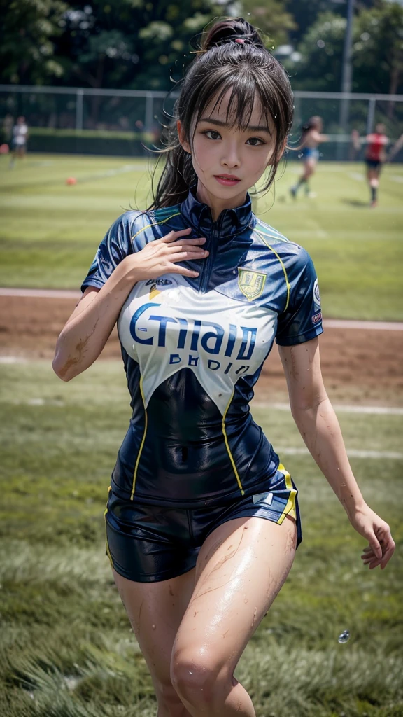 Highest quality, High resolution:1.2, Very detailed, Realistic:1.3, ((Beautiful woman))、((((Super tight uniform))))、((Super big breasts))、(The abdomen is visible)、Vibrant colors, play soccer,((Blunt bangs))、Various Hair Styles、Different hair colors、With bangs、Wet Hair, concentrate, splash, Action Shots, Grass blotches, Muddy ground, Wet turf, decide, Fast-paced games, Athletic physique, Shiny soccer ball, Wet Uniform, raindrop, Blurred motion, ボールにconcentrateする, Intense competition, Skillful dribbling, Energetic play, Teamwork, powerful shoots, Wet pitch, Passionate sports, Fierce decide, Humid atmosphere, Fluid movement, emotional expression、Dramatic lighting, Women's Sports, Avid athletes, Exciting Games, Endure, Excited state, Speed and agility, Energetic play, 濡れたsplash、smile、Red Uniform