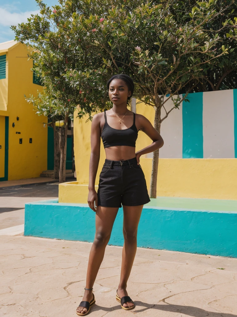 her name is Jamila, high quality, 1girl, ((20-year-old fit black woman)), ((25 years old)), ((slim)), short bob, pose: standing, wearing stylish fashionable Generation-Z modern wear different colored, BACKGROUND: outside: At Bondi Beach, against a backdrop of vibrant beach art, and cafes buzz.
