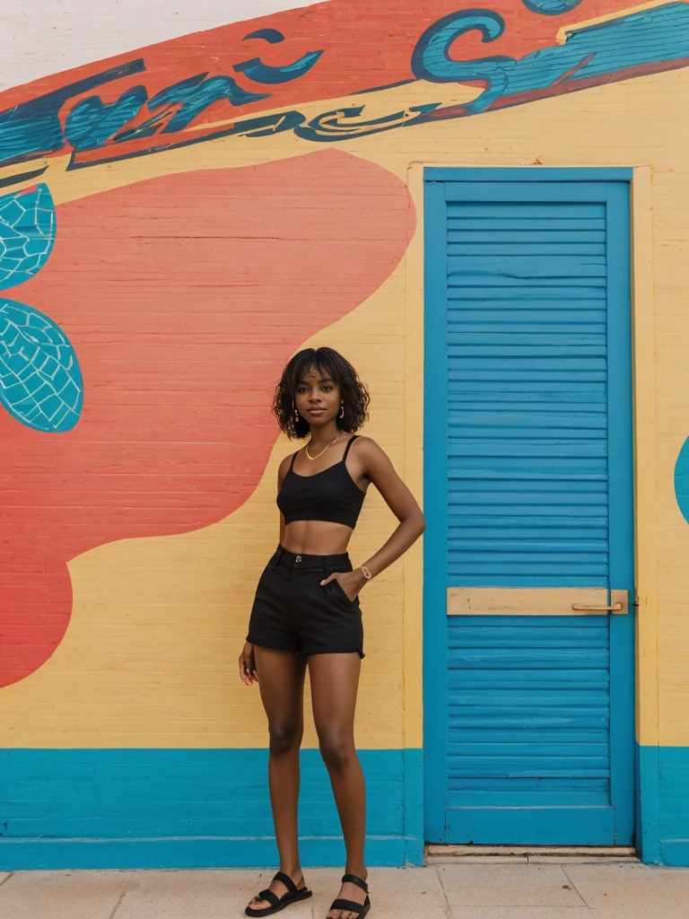 her name is Jamila, high quality, 1girl, ((20-year-old fit black woman)), ((25 years old)), ((slim)), short bob, pose: standing, wearing stylish fashionable Generation-Z modern wear different colored, BACKGROUND: outside: At Bondi Beach, against a backdrop of vibrant beach art, and cafes buzz.