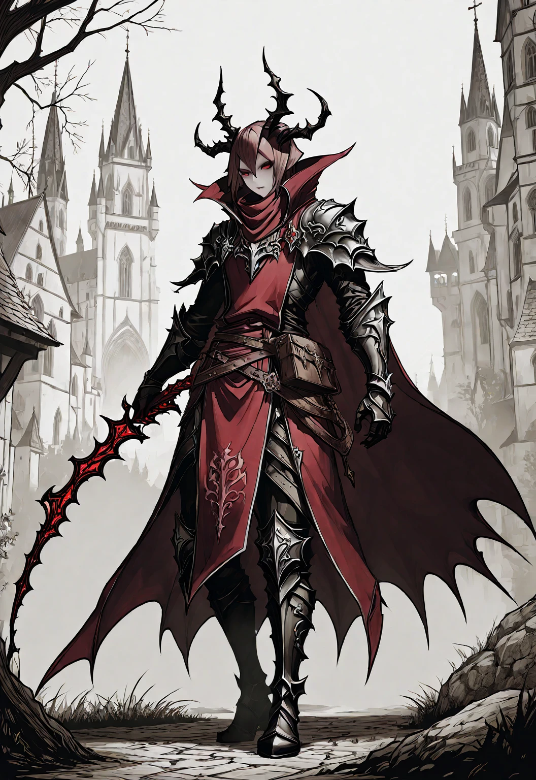 A demon hunter,Medieval European fantasy style,Line drawing style。Black and White、yellowish、Dark red main color。