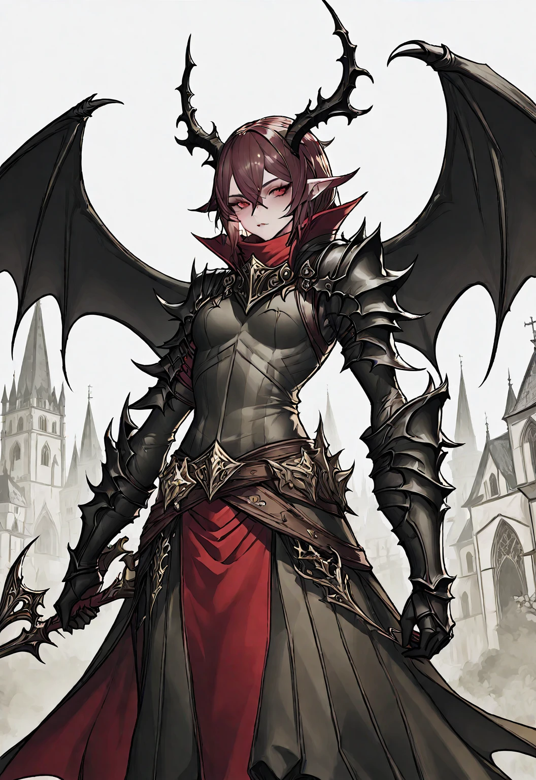 A demon hunter，Medieval European fantasy style，Line drawing style。Black and White、yellowish、Dark red main color。