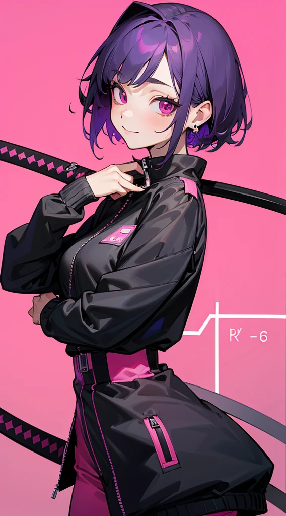 Top Quality, 8K, 4K, High Definition, Detail, (better-quality, 8K, 12), top-quality, 1 girl、only showing her face, she has purple hair, wearing a yellow pin on her right side of her hair, she has her hands together, she looking at you, she is smiling at you, medium breast, her jacket color dark gray with a pink zipper, pink eyes, showing her face and chesat, short hair long as her neck, (only showing half of her body) her jacket is loose. she is wearing earing only right ear shaped has a heart, (she holding katana) katana facing down, katana is covering half of her face,