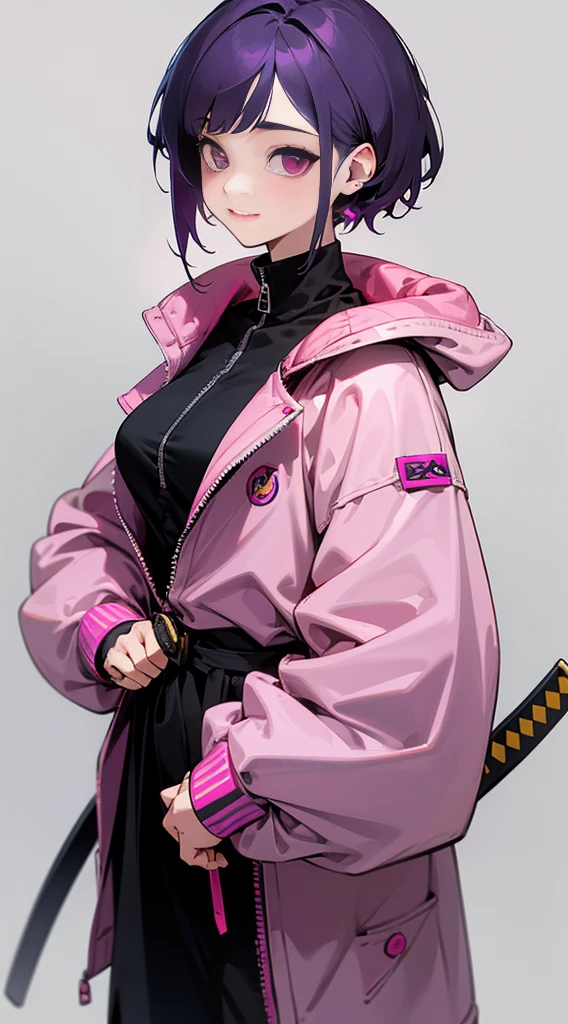 Top Quality, 8K, 4K, High Definition, Detail, (better-quality, 8K, 12), top-quality, 1 girl、only showing her face, she has purple hair, wearing a yellow pin on her right side of her hair, she has her hands together, she looking at you, she is smiling at you, medium breast, her jacket color dark gray with a pink zipper, pink eyes, showing her face and chesat, short hair long as her neck, (only showing half of her body) her jacket is loose. she is wearing earing only right ear shaped has a heart, (she holding katana) katana facing down, katana is covering half of her face,