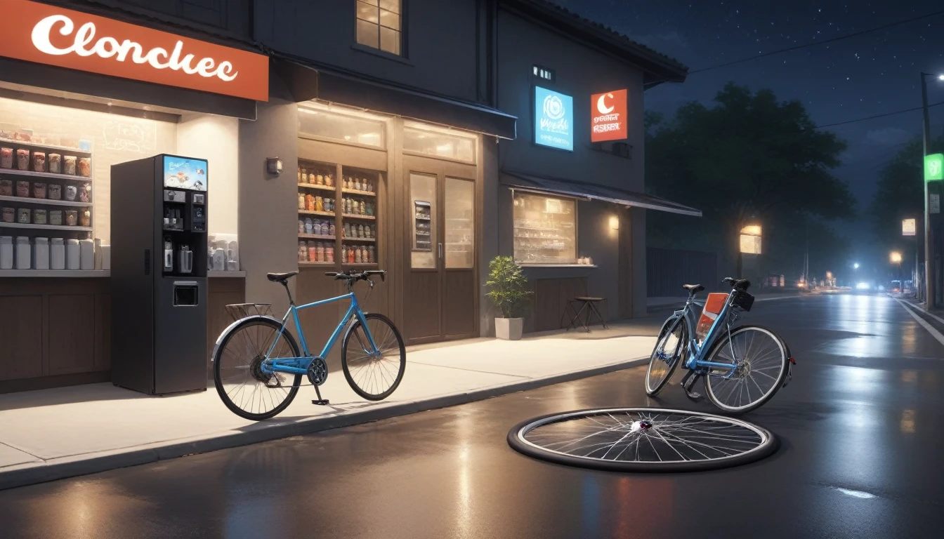 at night, coffee shop outside, bicycle laying on the road, 2 vending machines