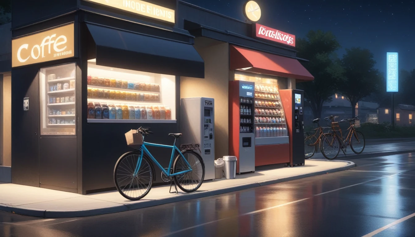 at night, coffee shop outside, bicycle laying on the road, 2 vending machines 