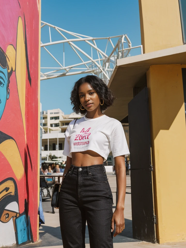 her name is Jamila, high quality, 1girl, ((20-year-old fit black woman)), ((25 years old)), ((slim)), short bob, pose: standing, wearing stylish fashionable Generation-Z modern wear different colored, BACKGROUND: outside: At Bondi Beach, against a backdrop of vibrant beach art, and cafes buzz.
