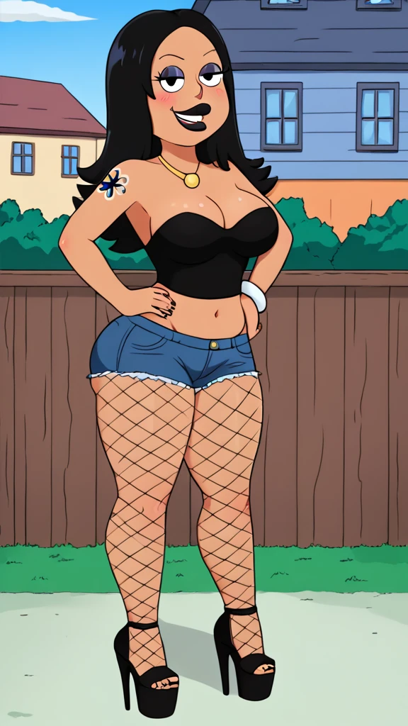francine, flat color, black hair, 1girl, long hair, white braclet, large breasts, solo, necklace, cleavage, tight strapless black crop-top, white short shorts, black lips, nsfw, standing, looking at viewer, outdoors, full-body, smile, blushing, open-toe platform high heels, black eyeliner, multiple tattoos, plump mouth, fishnet leggings, thick thighs, bimbo