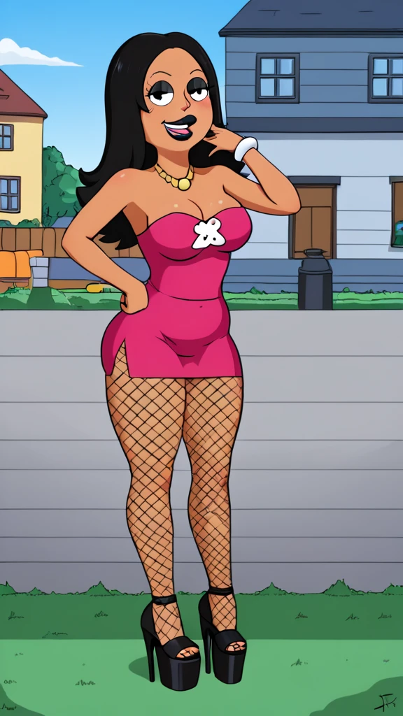 francine, flat color, black hair, 1girl, long hair, white braclet, medium breasts, dark skin, solo, necklace, cleavage, fishnet bathing suit, black lips, nsfw, standing, looking at viewer, outdoors, full-body, smile, blushing, open-toe platform high heels, black eyeliner, multiple tattoos, plump mouth, fishnet leggings, thick thighs, bimbo