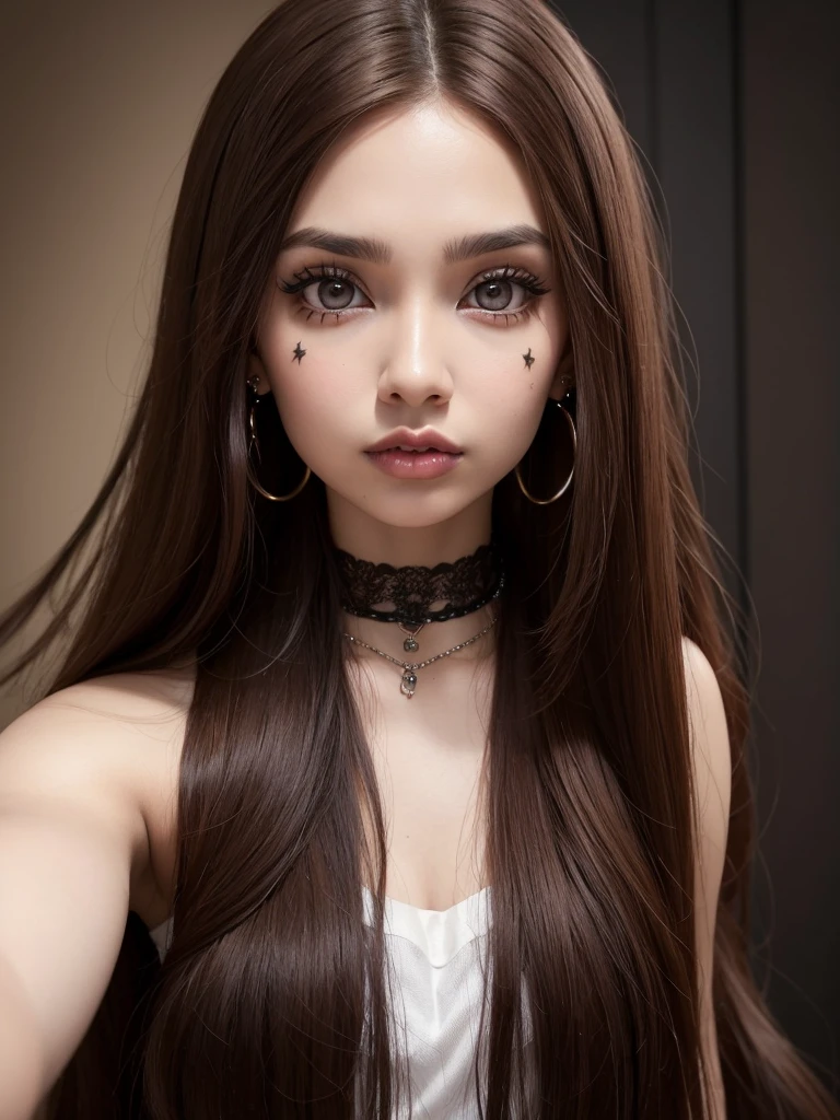 Brown woman with piercings and piercings posing for a selfie., perfect brown hair girl, for coffee, Ava Max, extremely silky brown hair, portrait of kim petras, long brown hair and big eyes, with long hair and piercing eyes, with long brown hair, pale gothic beauty, girl portrait, long brown hair big eyes