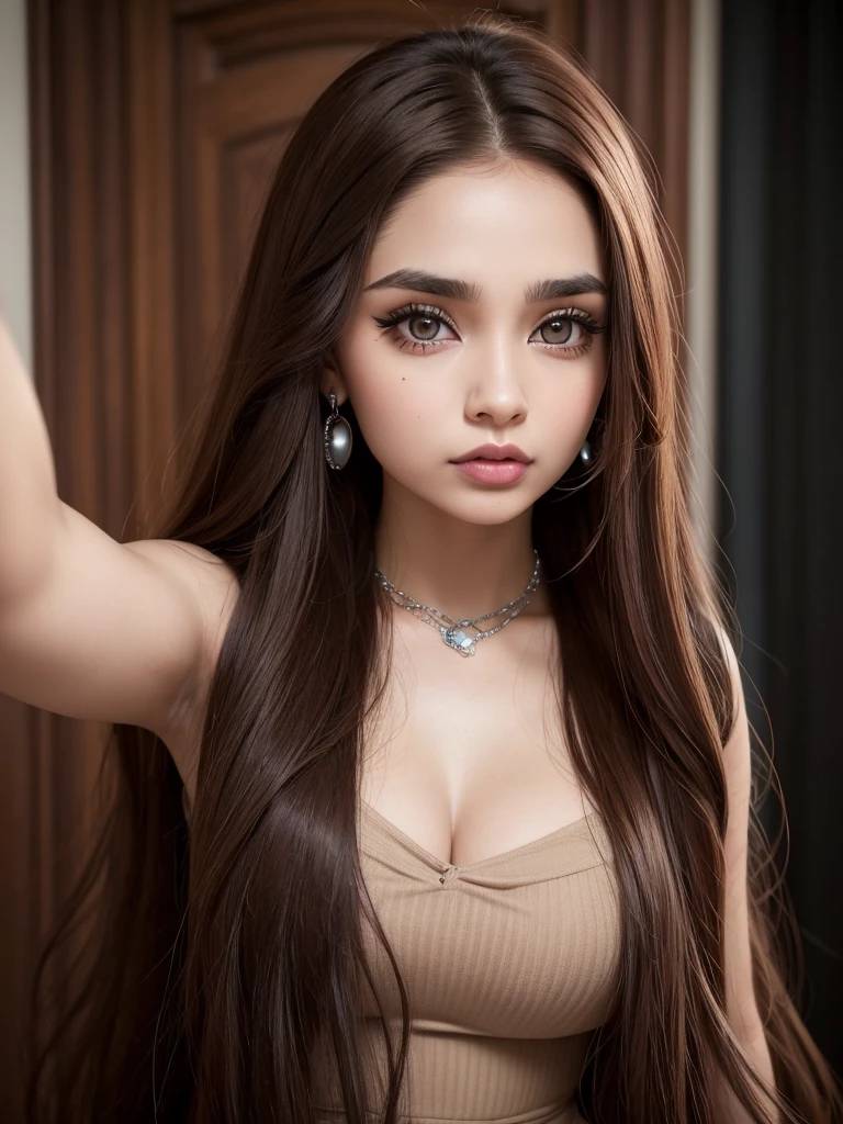 Brown woman with piercings and piercings posing for a selfie., perfect brown hair girl, for coffee, Ava Max, extremely silky brown hair, portrait of kim petras, long brown hair and big eyes, with long hair and piercing eyes, with long brown hair, pale gothic beauty, girl portrait, long brown hair big eyes