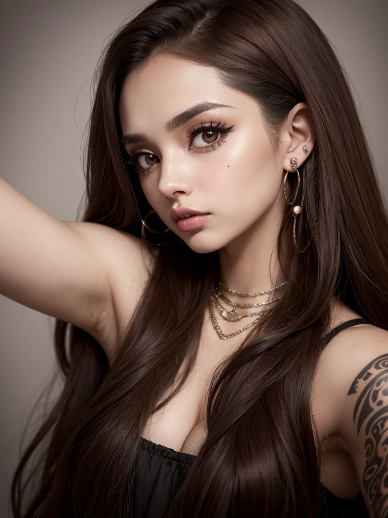 Brown woman with piercings and piercings posing for a selfie., perfect brown hair girl, for coffee, Ava Max, extremely silky brown hair, portrait of kim petras, long brown hair and big eyes, with long hair and piercing eyes, with long brown hair, pale gothic beauty, girl portrait, long brown hair big eyes