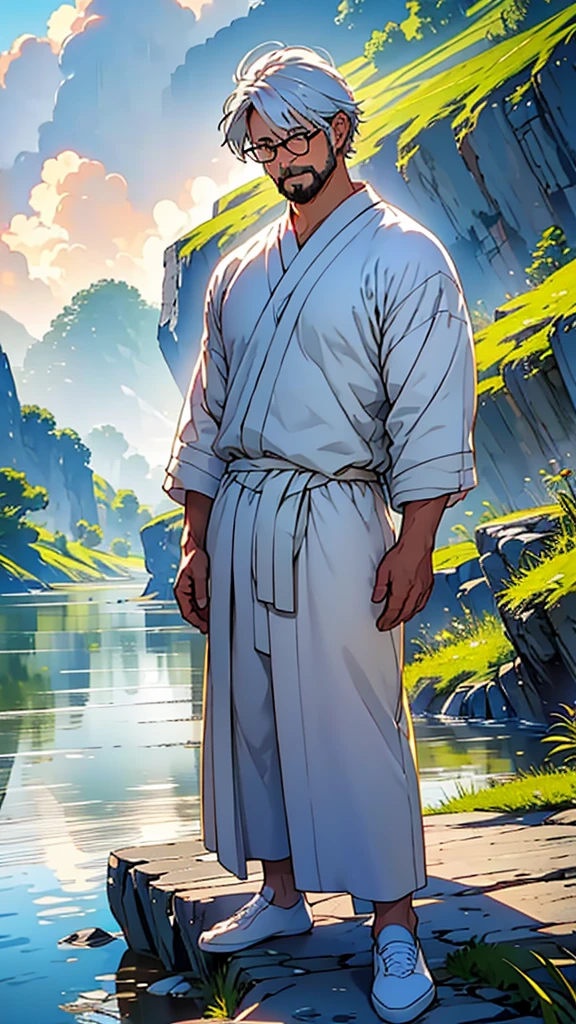 Create a high-quality anime-style image featuring an elderly man standing on a rocky cliff by the sea. The man has white hair, a beard, and is wearing round glasses. He is dressed in a white shirt, beige pants rolled up at the ankles, and white sneakers. His posture is relaxed, with his hands in his pockets, gazing thoughtfully into the distance.

The background consists of a clear blue sky filled with fluffy, white clouds. Below the cliff, there is a calm sea with boats and a small coastal village nestled at the foot of green, mountainous terrain. The scene captures a peaceful, reflective moment, with vibrant colors and detailed shading to emphasize the tranquil and contemplative atmosphere.