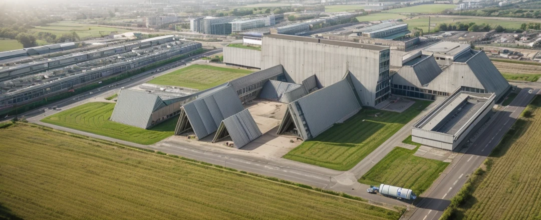aerial view, master view, grass, day, line, curve, highquality, realistic photo, canon eos 5D mark, [[[architech1904]]], natural light, (realistic: 1.2), sharpen edge, morden building, factory, concrete wall.