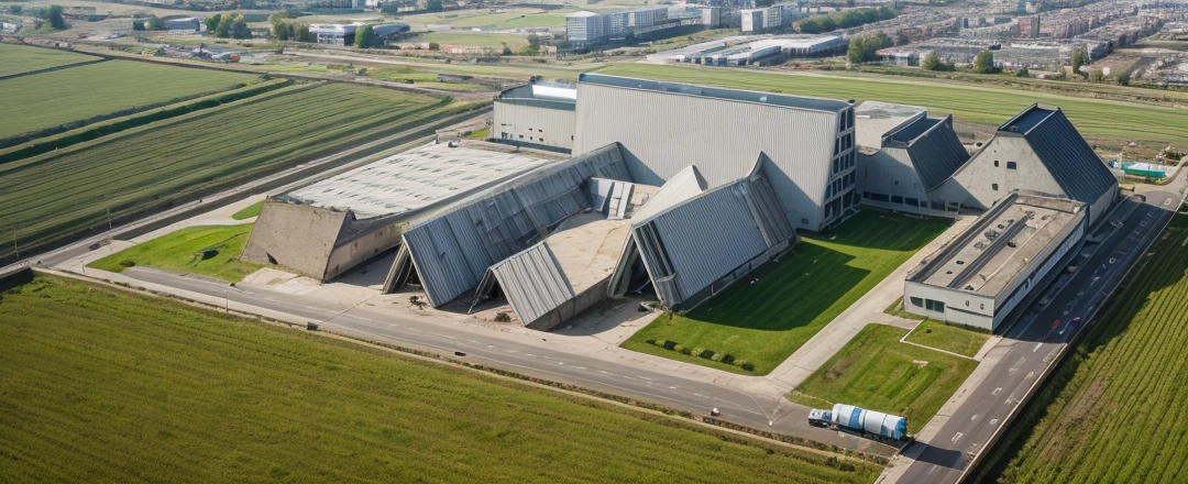 aerial view, master view, grass, day, line, curve, highquality, realistic photo, canon eos 5D mark, [[[architech1904]]], natural light, (realistic: 1.2), sharpen edge, morden building, factory, concrete wall.