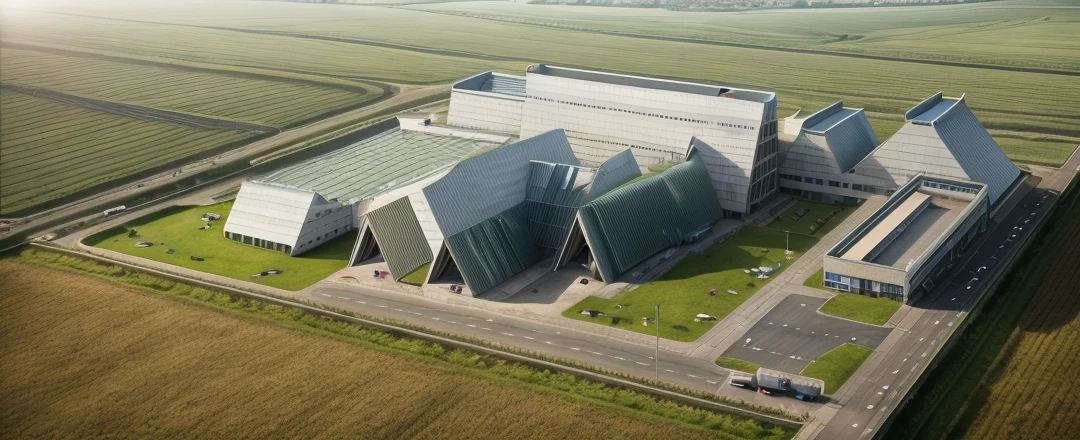 aerial view, master view, grass, day, line, curve, highquality, realistic photo, canon eos 5D mark, [[[architech1904]]], natural light, (realistic: 1.2), sharpen edge, morden building, factory, concrete wall.