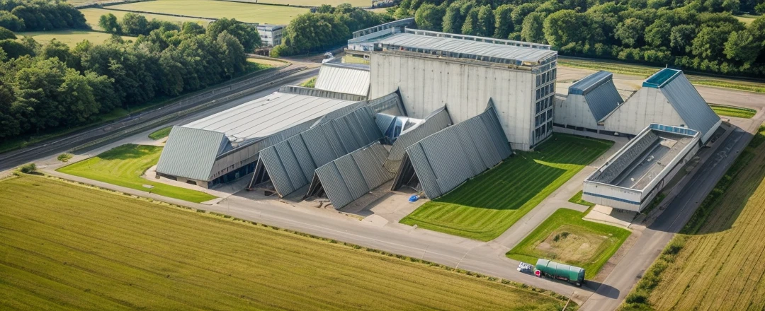 aerial view, master view, grass, day, line, curve, highquality, realistic photo, canon eos 5D mark, [[[architech1904]]], natural light, (realistic: 1.2), sharpen edge, morden building, factory, concrete wall.