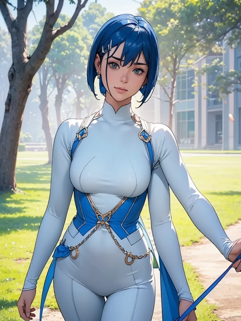 Best quality, 4k, high resolution, body stuck dress, perfect smile, gorgeous, light skin, (ichigo),blue hair, wearing bodystuck suit, stuck in body, bodyfit outfit,
1 girl, short hair (bob cut), solo, seductive look, elegance and charm, (masterpiece, best quality, high resolution), looking at the viewer, standing, (intricate and beautiful:1.2), (detailed light:1.2), (soft light, side light), (high resolution textures) , holding leash in hand(chain leash), outdoor, Burmese girl,wearing bodfit outfit(white colour) with blue line ,wearing gorgeous jewelary, wearing harness over the outfit ,outdoor background, sun light, attractive, sexy, mature and hot, young,(masterpiece:1.3), (disorganized:1.3), (highest quality:1.3), perfect anatomy, detailed face, front view, perfect right hands, looking at viewer, (Super detailed:1.3), (best shadow:0.7), (treated hair), fine eyes, beautiful eyes, young aged woman, alone, standing, crystal earrings,closed_mouth, , outdoors,Thick thighs, arrogant face, small 