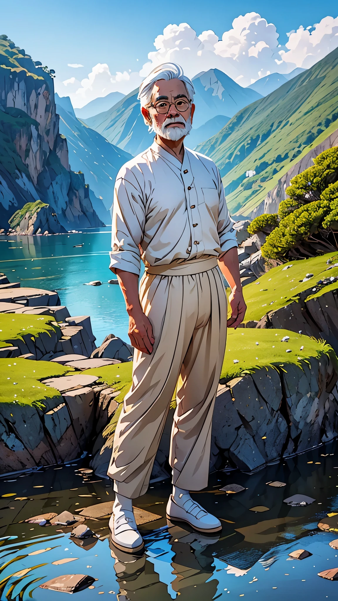 Create a high-quality anime-style image featuring an elderly man standing on a rocky cliff by the sea. The man has white hair, a beard, and is wearing round glasses. He is dressed in a white shirt, beige pants rolled up at the ankles, and white sneakers. His posture is relaxed, with his hands in his pockets, gazing thoughtfully into the distance.

The background consists of a clear blue sky filled with fluffy, white clouds. Below the cliff, there is a calm sea with boats and a small coastal village nestled at the foot of green, mountainous terrain. The scene captures a peaceful, reflective moment, with vibrant colors and detailed shading to emphasize the tranquil and contemplative atmosphere.