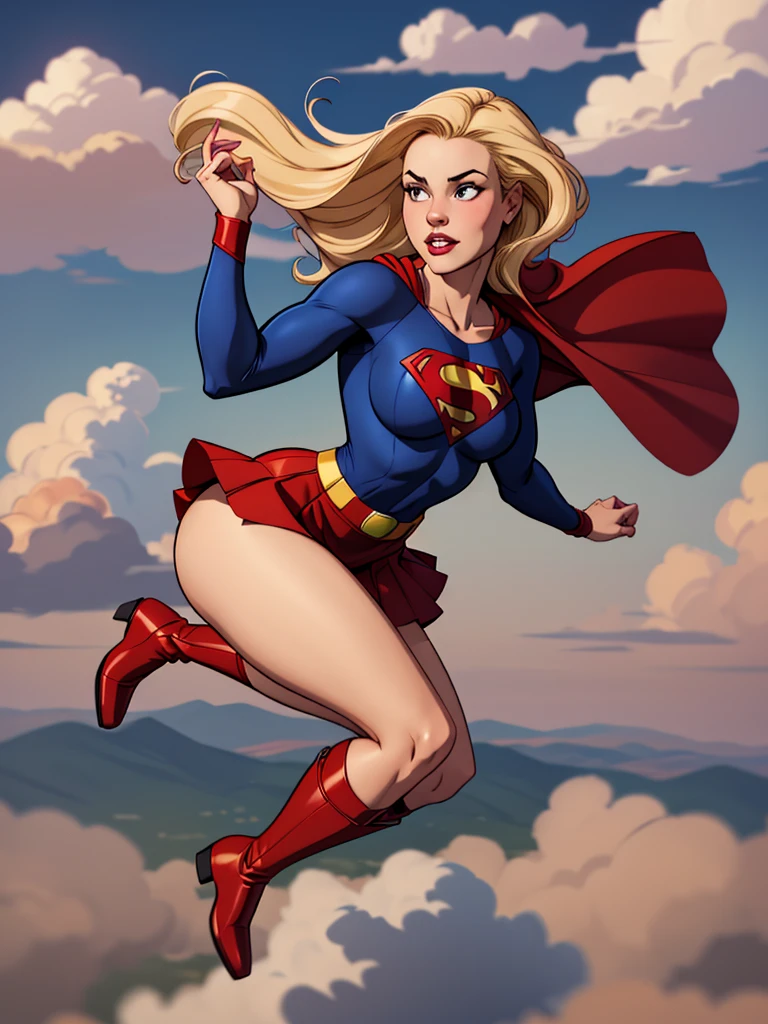 Young female, with blonde hair, wearing a tight blue long-sleeved shirt with the Superman symbol on the chest, defined breasts, wearing a red skirt and red boots, Wearing a red cape and flying in the sky