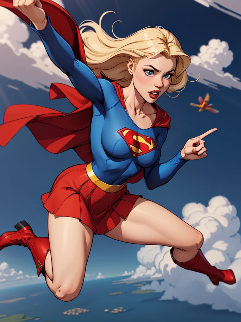 Young female, with blonde hair, wearing a tight blue long-sleeved shirt with the Superman symbol on the chest, defined breasts, wearing a red skirt and red boots, Wearing a red cape and flying in the sky