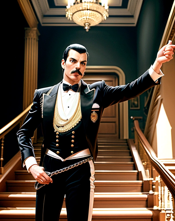 The image is of Freddie Mercury in a stunning black and silver tuxedo, striking a powerful pose on a grand staircase.,original,Freddie Mercury