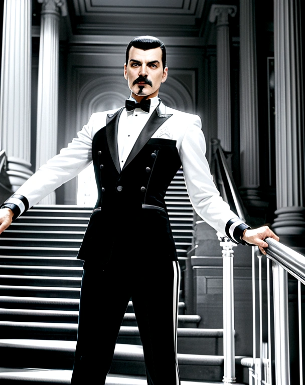The image is of Freddie Mercury in a stunning black and silver tuxedo, striking a powerful pose on a grand staircase.,original,Freddie Mercury