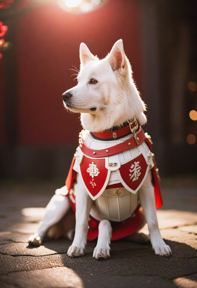 cinematic photography,White Dog,Red-themed Japanese-style armor,crap,Shine,Twilight Rays,cinematic,Rim Light,Spotlight,Very detailed background,bokeh,hasselblad,70mm,debt/2,35mm,born photo,,cinematic Realism,8K natural light,born,rich,complex,Key Visual,Atmospheric lighting,35mm Photography,bokeh,pro,4K,Very detailed. 35mm Photography,bokeh、Be loved by children