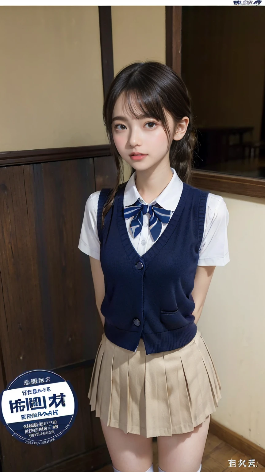 ((masterpiece)),(((highest quality))),((Reference Sheet, Character Design, front, return, ~ ~ side, Mr..々Hairstyle, Mr..々Performance, Facial Expressions)), 14-year-old girl, Cute type,  (Very slim:1.4),  (Very small ass:1.4), Realistic buttocks, Big Breasts, Short Bob, Thin thighs, Long legs, It's not a big deal, ((High quality fabric, Brown knitted vest, Short sleeve white collar shirt, Navy Pleated Skirt, Navy bow tie)), ((Browsing Caution:1.0))