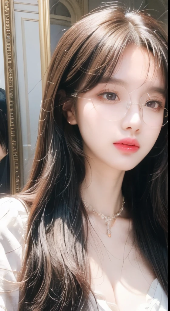 (((Brown long hair))), (The Louvre Museum), The pose is seductive, (Surrealism), (illustration), (Improve resolution), (8 Kurds), (Extremely detailed), (Best illustration), (Beautiful and delicate eyes), (best quality), (Ultra Detailed), (On the table ), ( wallpaper), (Delicate face), Solitary, 1 female, Fine details, Delicate face, Deep Shadows, Low profile, Purebred face_v1, 微lol, 46 points side bangs、Big necklace、Big earrings、lol、Fine-rimmed glasses、Very sexy woman，Exquisite。(Slim waist) :1.3)、((school uniform))、Beautiful and smooth skin、Texture、Flowing hair，Large Breasts