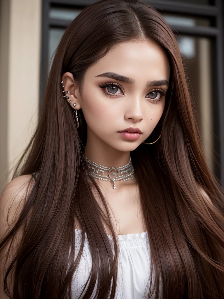 Brown woman with piercings and piercings posing for a selfie., perfect brown hair girl, for coffee, Ava Max, extremely silky brown hair, portrait of kim petras, long brown hair and big eyes, with long hair and piercing eyes, with long brown hair, pale gothic beauty, girl portrait, long brown hair big eyes