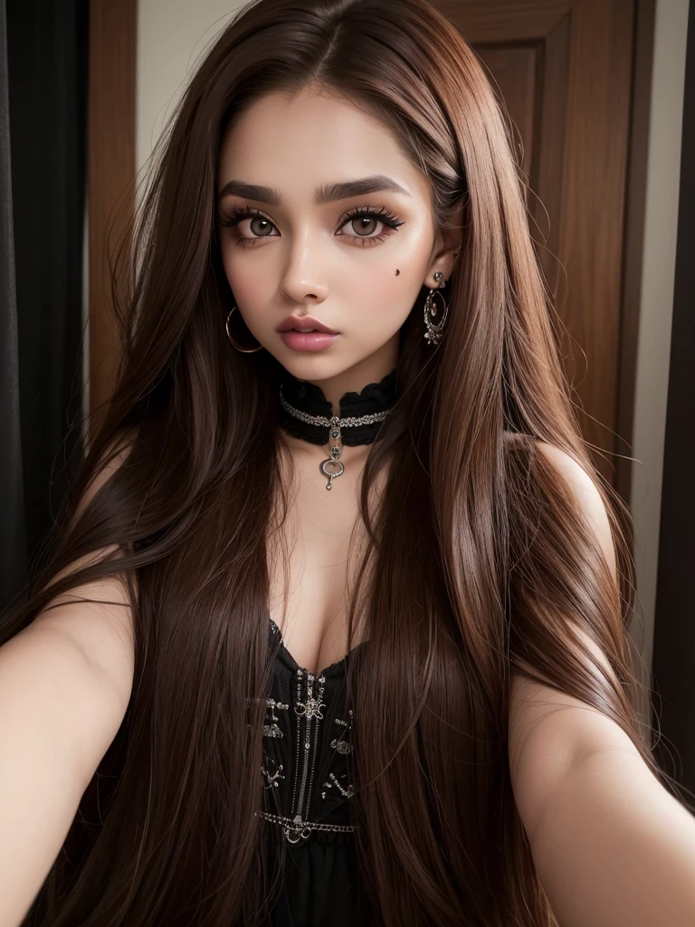 Brown woman with piercings and piercings posing for a selfie., perfect brown hair girl, for coffee, Ava Max, extremely silky brown hair, portrait of kim petras, long brown hair and big eyes, with long hair and piercing eyes, with long brown hair, pale gothic beauty, girl portrait, long brown hair big eyes