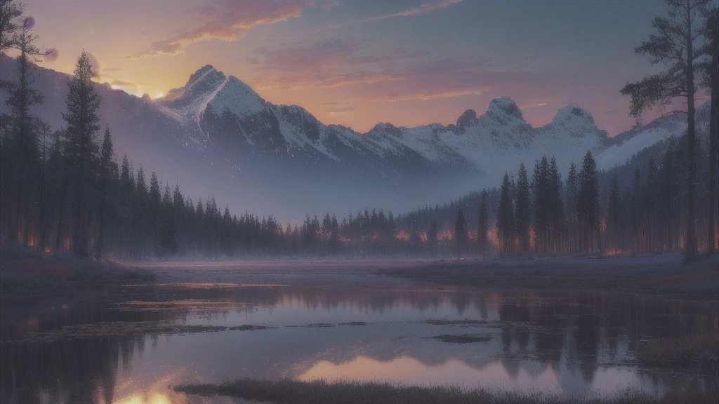(work of art, best qualityer, high qualiy, high resolution:1.4), detailded, extremely detailded, soft ambient lighting, 4K, paisaje, (twilight, SUNSET, Sky darkening:1.3), marsh, what, mist, mountains in the background, crooked trees, darkness, black fantasy, gothicchorrorai