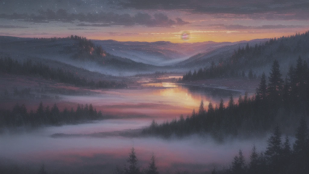 (work of art, best qualityer, high qualiy, high resolution:1.4), detailded, extremely detailded, soft ambient lighting, 4K, paisaje, (twilight, SUNSET, Sky darkening:1.3), marsh, what, mist, mountains in the background, crooked trees, darkness, black fantasy, gothicchorrorai
