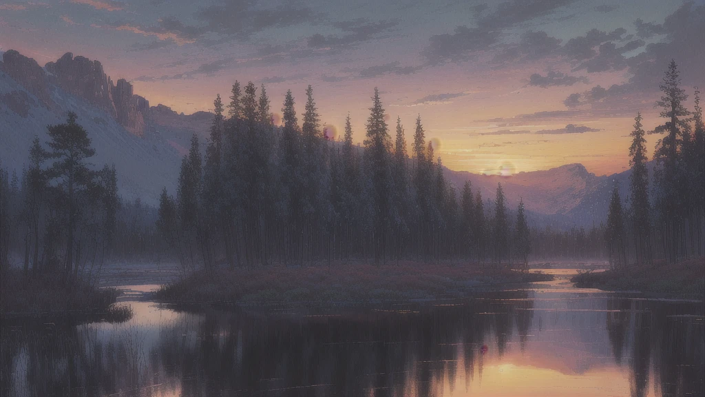 (work of art, best qualityer, high qualiy, high resolution:1.4), detailded, extremely detailded, soft ambient lighting, 4K, paisaje, (twilight, SUNSET, Sky darkening:1.3), marsh, what, mist, mountains in the background, crooked trees, darkness, black fantasy, gothicchorrorai  