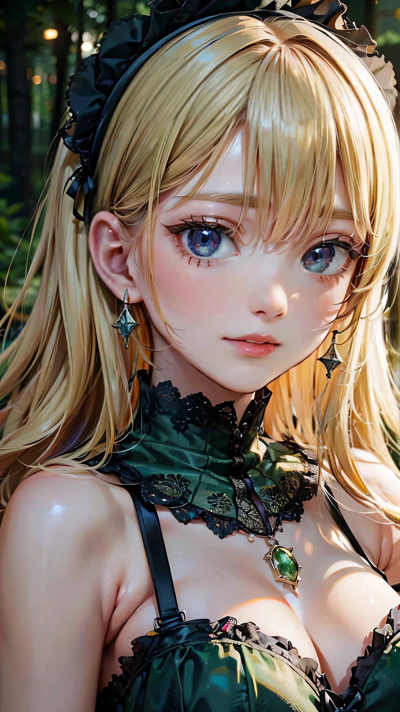(Super detailed), (hyperRealistic), (RAW Photos), High-definition RAW color photos, Professional photos, (Realistic), (Blonde Hair), Professional Lighting, Perfect Anatomy, (Big Tits), (Detailed face), (smile), Trending Hair&Trending Hairカラーをランダムに, Earrings, necklace, bracelet, Erotic, sexy, (Random sexy gravure poses), (A girl wearing a light green dress in Gothic ta fashion、at night forest, Her dress is open, Exposing the breasts)、masterpiece, 最high quality, high quality, High resolution, sexly,