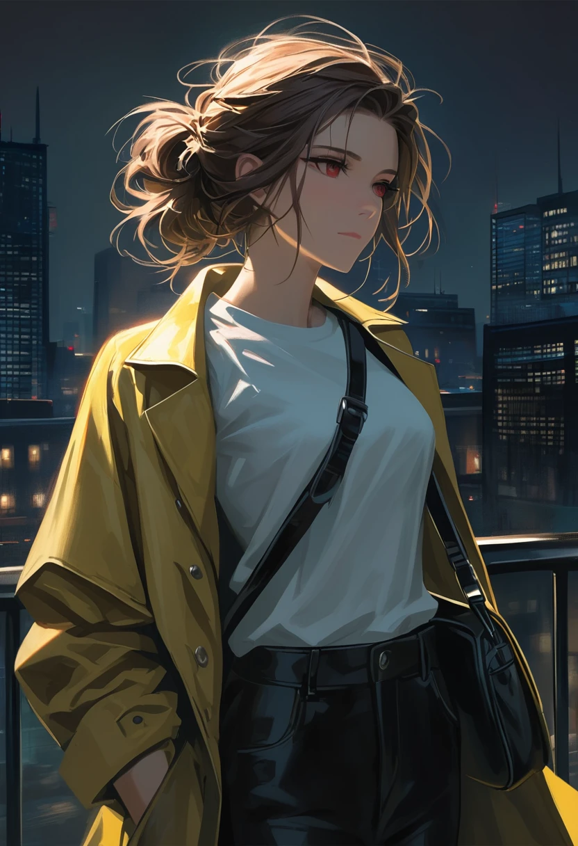 ((adult)), (woman), ((tall)), masterpiece, best quality, dark aura, brown hair, ((updo hair)), (messy hair) , ringed dark red eyes, plain white shirt, Yellow coat, black pants, carrying a waist leather bag, (faint smile), realistic anime style, (oil painting), dark city background, night, impasto.