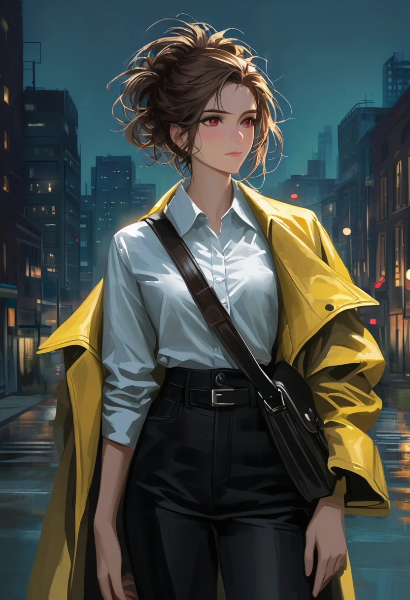 ((adult)), (woman), ((tall)), masterpiece, best quality, dark aura, brown hair, ((updo hair)), (messy hair) , ringed dark red eyes, plain white shirt, Yellow coat, black pants, carrying a waist leather bag, (faint smile), realistic anime style, (oil painting), dark city background, night, impasto.