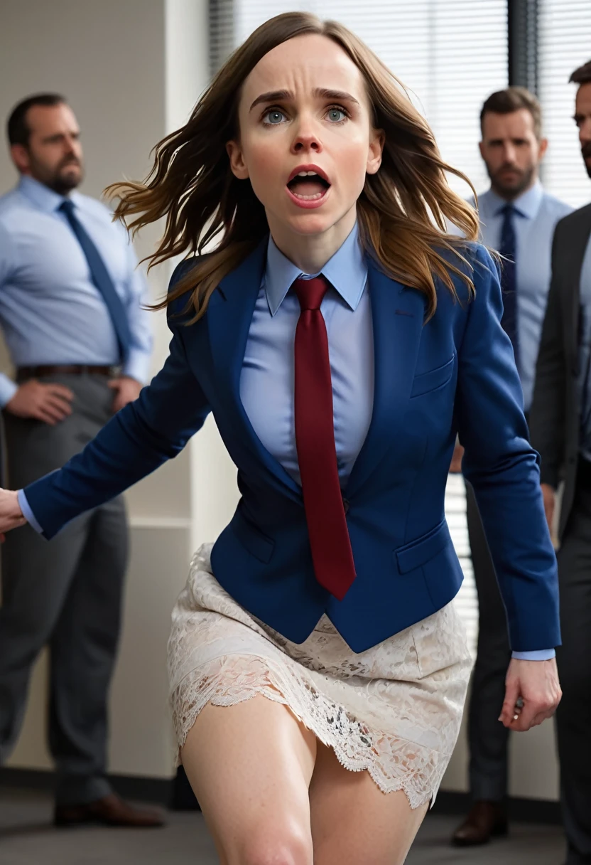 There is a woman in a red skirt and a man in a blue suit and tie, (masterpiece, best quality), 8k, portrait of secretary Ellen Page, classy dark blue shirt top, medium saggy breasts, long hair, ((naked pussy)), (((lace))) (((assaulted by men:1.2))), ((lifted skirt)), ((she is beaten:1.2)), ((hit action movement effect)), (((aggressive men))), (((totally wasted))), (((surrounded))), (((head thrusted))), ((hair pulled)), ((pussy view)), (((chubby hips))), (((brutal))), ((in office))