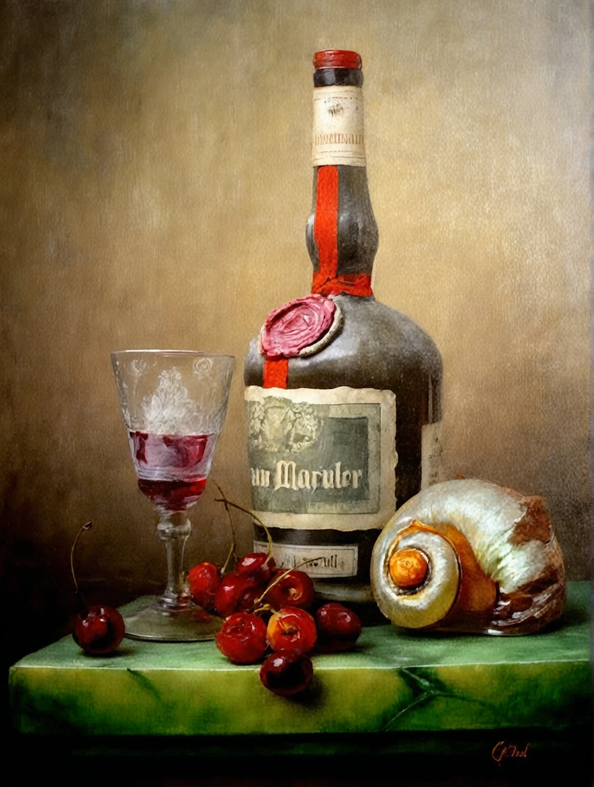 picture with a bottle of liquor and a glass of wine on the table, Herbert McNair, by Marion Wachtel, Wojciech Cornelie Stattler, inspired by Jacob Marrel, Vladimir Novak, Hans Mertens, author Slawomir Maniak, Andrey Markin, Sun Maojin