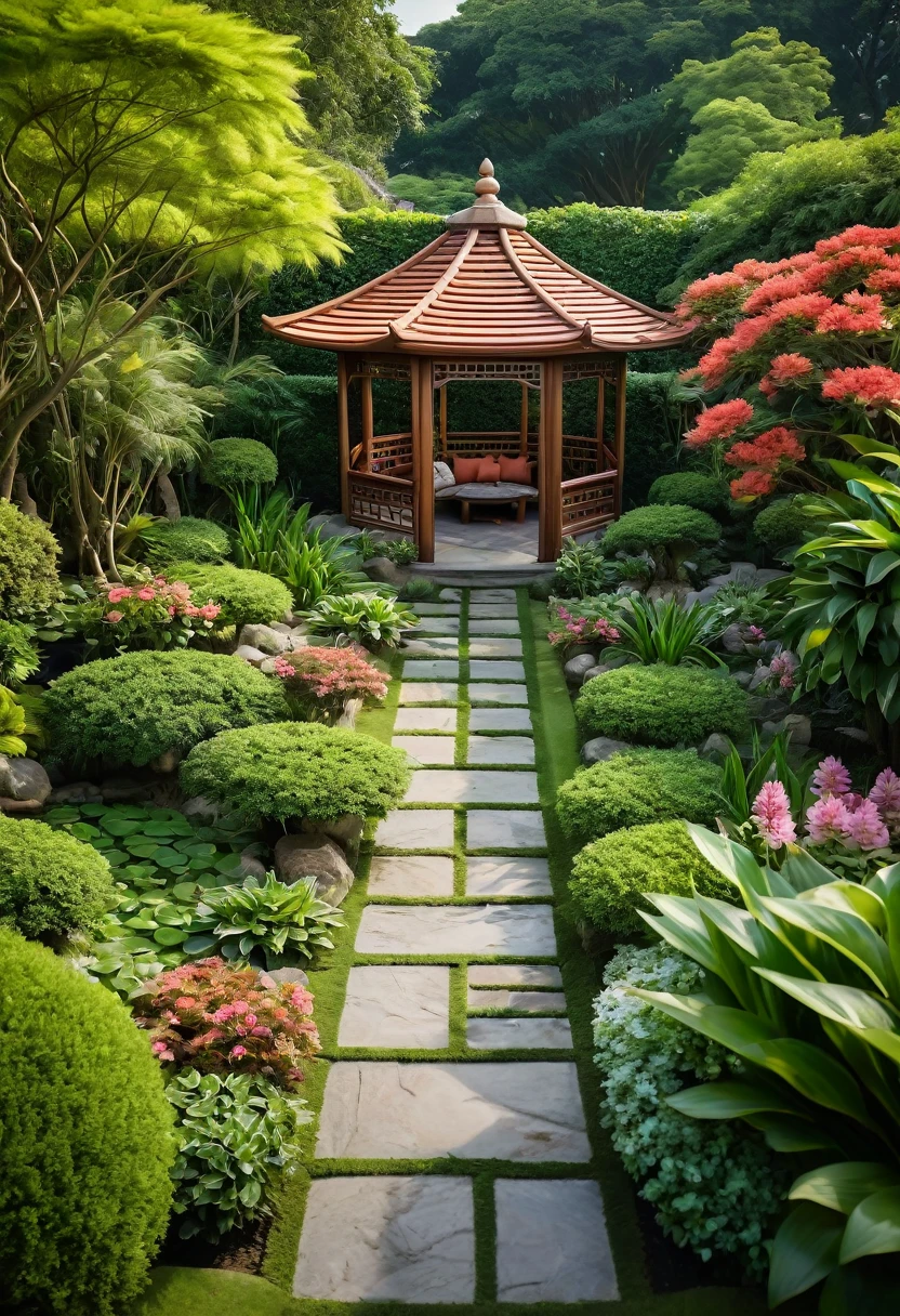 An aerial view of a beautifully crafted traditional Asian garden, showcasing a serene gazebo with a terracotta tiled roof, surrounded by lush greenery and vibrant flowers. Shot with a high-quality DSLR camera, the natural stone path winds through the garden, leading to the gazebo which is elegantly furnished with wooden chairs and a table. Small, clear ponds and a gentle waterfall enhance the tranquil atmosphere, reflecting the surrounding plants. Shallow depth of field, focused foreground, bokeh background. ((8k)), high quality detail, soothing and picturesque landscape, traditional and inviting garden design.
((8k)), high quality detail , ((8k)), ((UHD)), 8k, high quality detail, realistic photo
