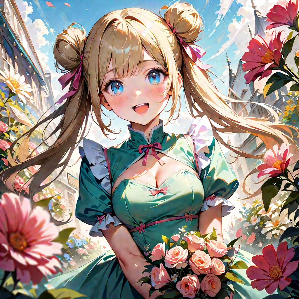 20 years old,1 girl,hyperrealistic, 8k, (extremely detailed 8k), (very delicate and beautiful), (masterpiece), (better quality:1.0), (ultra high resolution:1.0), (masterpiece, best quality), cute,blonde,cleavage cutout,(broen dress:1.3),(crop top navel:1),gleaming skin,twintails,twin bun,a pink ribbon on the head,long hair,pastel green frill Chinese-made dress,white long gloves,hold a bouquet of flowers,face and body straight at the camera,a bunch of flowers,POV,bust shot,white frill,puffy sleeves,surrounded by flowers,laugh with open mouth,tareme,sky blue eyes